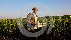 Young farmer man walk tired on field, smile lightly, carries box in arm, tracking shot.