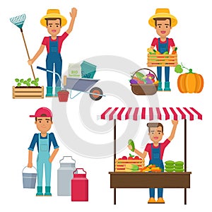 Young farmer with milk can, garden tools and harvest