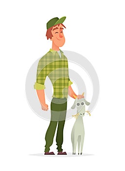 Young farmer standing and stroking the goat`s head. Character modern design