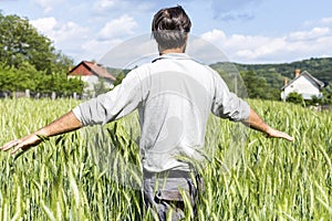 Young farmer standing in the wheat field