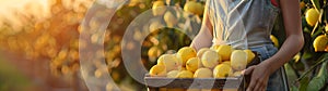 Young farmer woman holding a wooden box full of fresh lemon fruits.