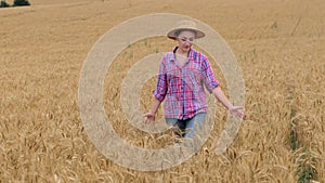 Young farmer woman in straw hat and checkered shirt walking in wheat ripe golden field. Agriculture. Wheat ripens