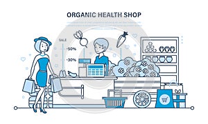 Young fashion girl attends organic health store with large shopping.