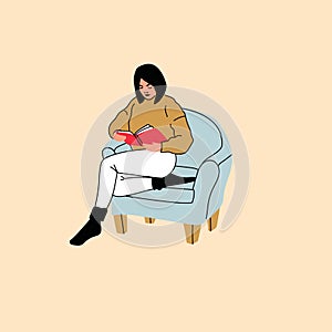 Young fashion woman or girl sitting on the chair or sofa at home with book. Female character visiting friend, relaxing