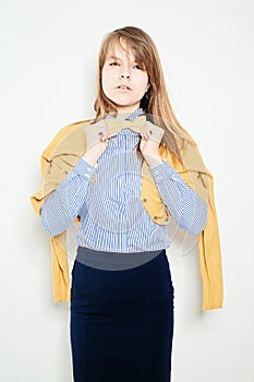 Young Fashion Woman. Yellow Bow Tie, Blue Shirt