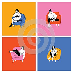 Young fashion women or girls sitting on the arm chair or sofa at home. Female character visiting friend, relaxing after