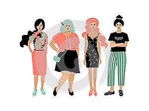 Young fashion women, stylish girls on white background. Plump and slim women, Four women girlfriends, hipster style