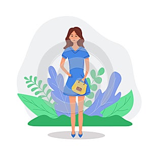 A young fashionable girl stands with nature and abstract leaves. Fashion style concept, vector cartoon character illustration