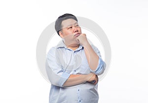 Young Fat Asian business man thinking with doubts face