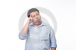 Young Fat Asian business man thinking with doubts face isolated on white background.