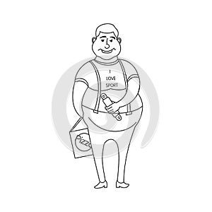Young fat boy with the hot dog and pizza in a T-shirt, isolated on white background in the style outline, cartoon