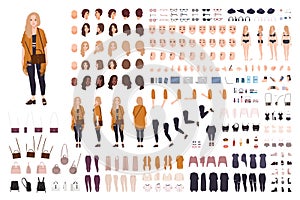 Young fat curvy woman or plus size girl constructor or DIY kit. Set of body parts, facial expressions, clothing