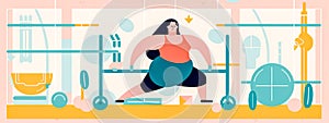 young fat overweight woman exercising in the gym, concept of losing weight and healthy movement, banner, made with
