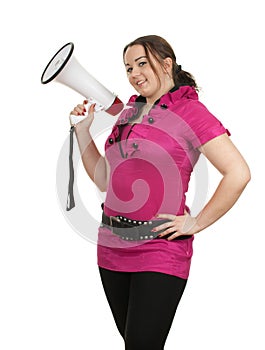Young fat woman with megaphone
