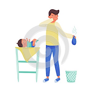 Young Father Character Nursing Baby Vector Illustration. Fatherhood Concept