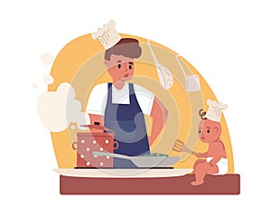 Young father cooking. Dad doing household chores with baby in kitchen. Housekeeping and paternity leave concept. Colored