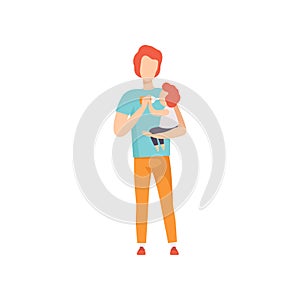 Young father feeding little baby with milk bottle, dad taking care of his child vector Illustration on a white