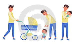 Young Father Feeding Walking and Playing with His Little Baby Vector Illustration Set