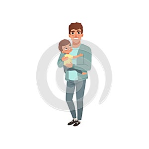 Young father holding little son on his hands, stage of growing up concept vector Illustration isolated on a white