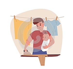 Young father holding newborn baby in arms and doing household chores. Dad ironing linen. Housekeeping and paternity