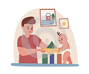 Young father playing with baby. Dad spending time with toddler during paternity leave. Fatherhood concept. Colored flat