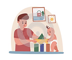 Young father playing with baby. Dad spending time with toddler during paternity leave. Fatherhood concept. Colored flat photo