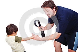 Young father is punishing his little son isolated