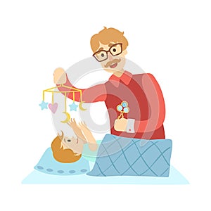 Young Father Putting Baby To Sleep In Bed, Illustration From Happy Loving Families Series