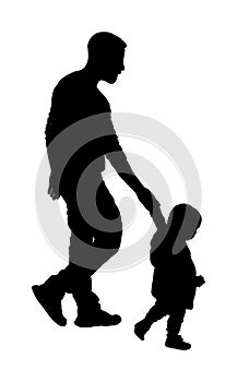 Young father and son holding hands walking on the street vector silhouette illustration. Parent spend time with son. Man and boy.