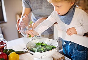 Young father with a toddler boy cooking.