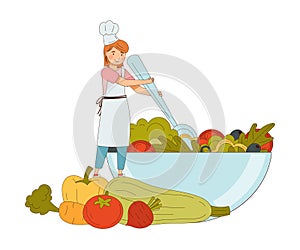 Young Female in Apron Mixing Vegetable Salad in Huge Bowl Vector Illustration