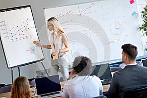 Young female blonde  businesswoman educating team of businesspeople about SWOT meaning and showing statistic diagram on a