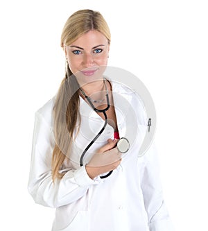 Female blonde doctor on white background