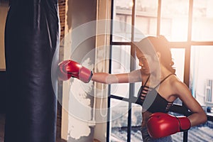 Young female boxer training fitness boxing at gym, exercise fitness for healthy and slim body