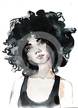 Young female brunette portrait hand drawn watercolor illustration