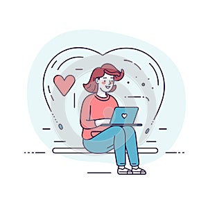 Young female cartoon character sitting crosslegged using laptop, love heart beside her, technology photo