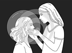 Young female character holding head of another woman hand drawn in black and white colors. Concept of empathy