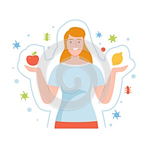 Young Female Character Holding Vitaminic Fruits Vector Illustration