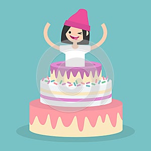 Young female character jumping out of a cake / flat editable vector illustration, clip art
