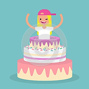 Young female character jumping out of a cake / flat editable vector illustration, clip art