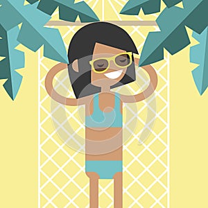 Young female character lying in a hammock under the palm trees.