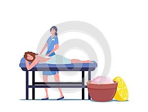 Young Female Character Lying on Table Receiving Relaxing Back Massage with Salt Scrub in Spa Salon. Woman Get Body Care
