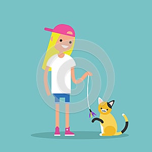 Young female character playing with a cat / flat editable vector