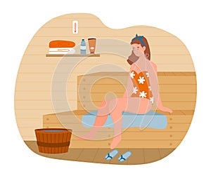 Young female character is relaxing in hot sauna bath.