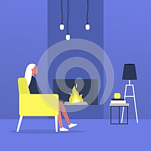 Young female character sitting next to a fireplace, living room interior