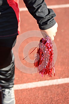 Young female cheerleaders holding pom-poms during competitions