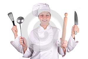 Young female chef with four hands