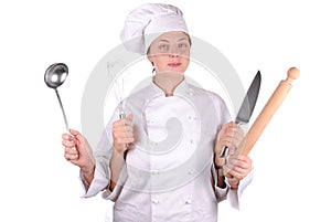 Young female chef with four hands