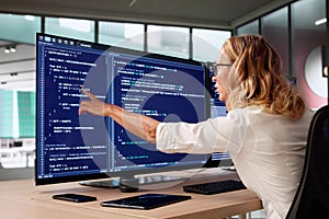 Young Female Coder Writing Code On Computer Screen