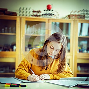 Mladá žena studentka v hodině chemie, psaní poznámek. Soustředěný student ve třídě.